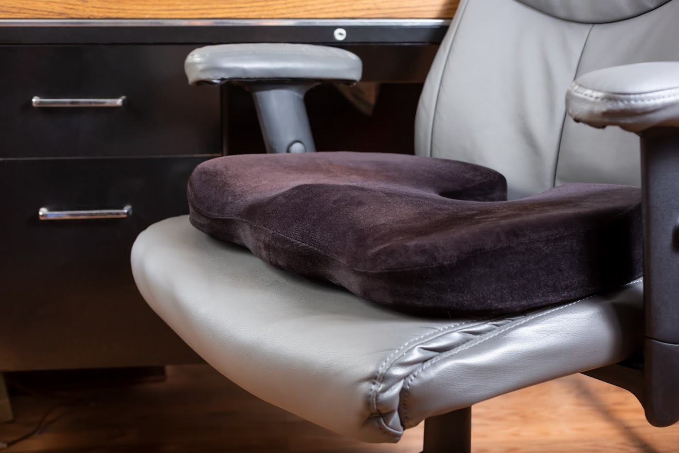 A seat cushion on an office chair