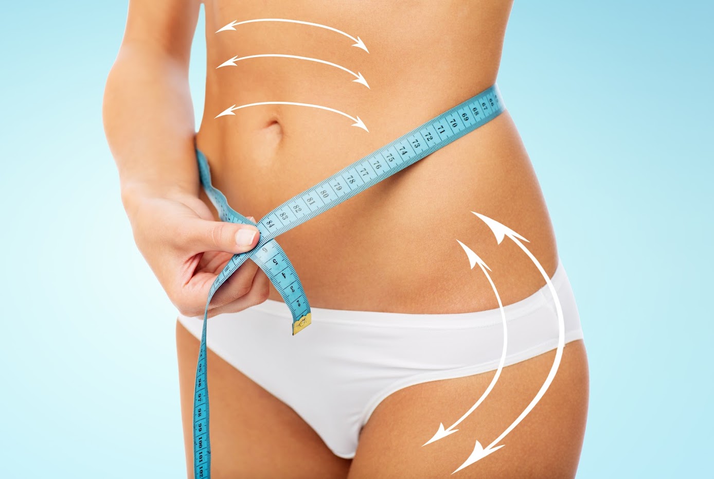 A woman with arrows around her stomach measuring herself with a measuring tape 